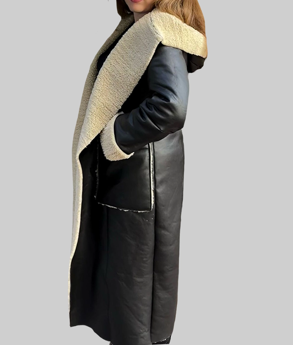 Katie Holmes Black Leather Hooded Coat