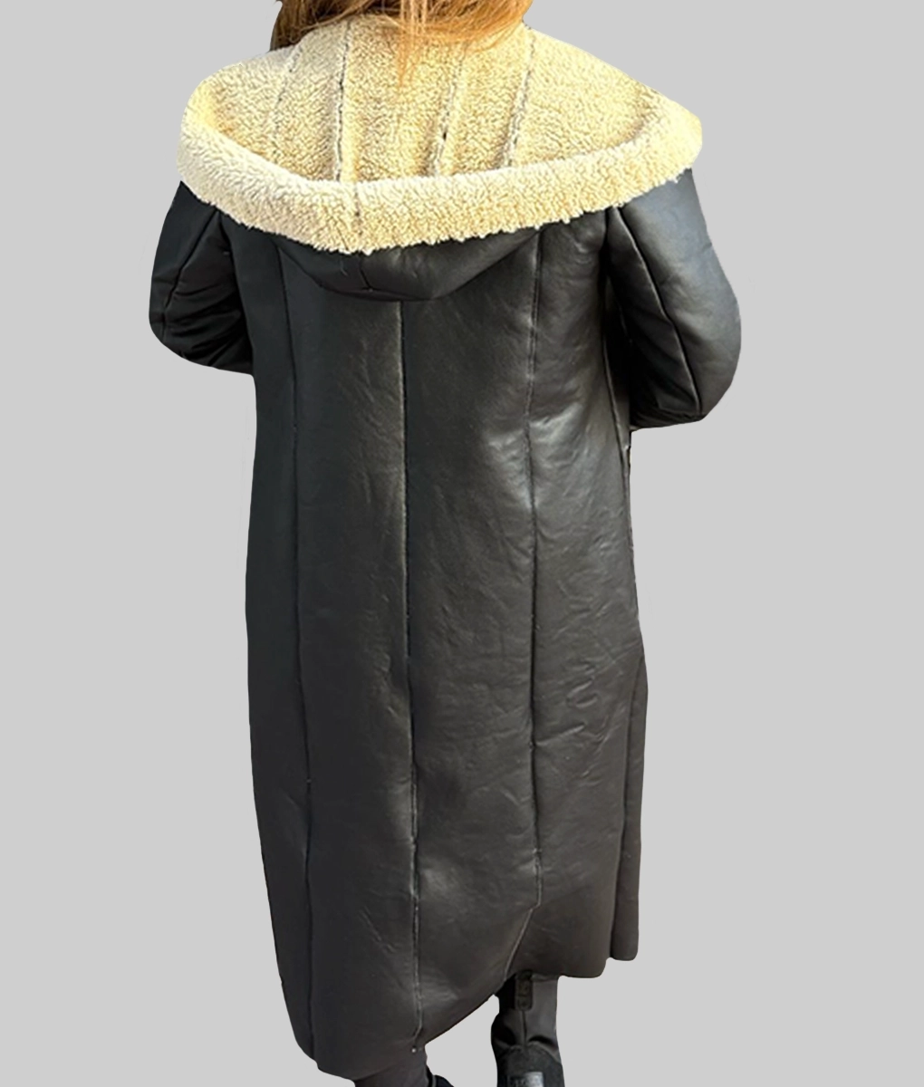 Katie Holmes Black Leather Hooded Coat