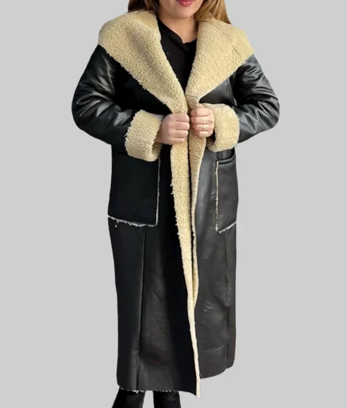 Katie Holmes Black Leather Hooded Coat
