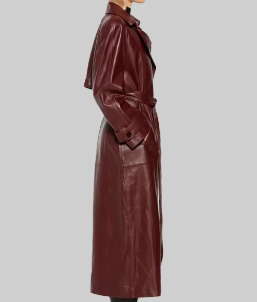 Megan Fox Maroon Leather Trench Coat - Megan Fox Maroon Leather Trench Coat - Side View