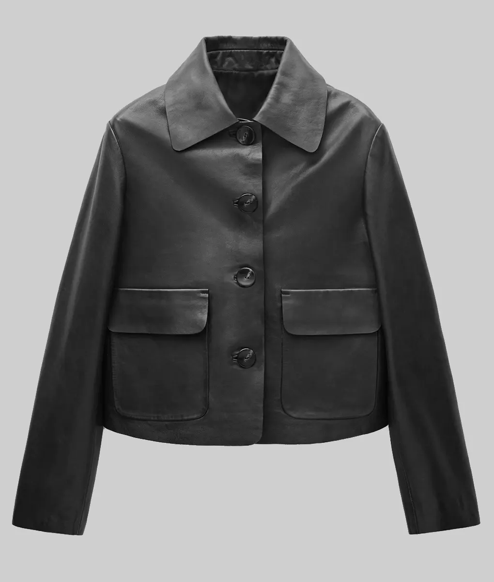 Sydney Sweeney Black Leather Jacket - Night Out in NYC Sydney Sweeney Black Leather Jacket - Front View
