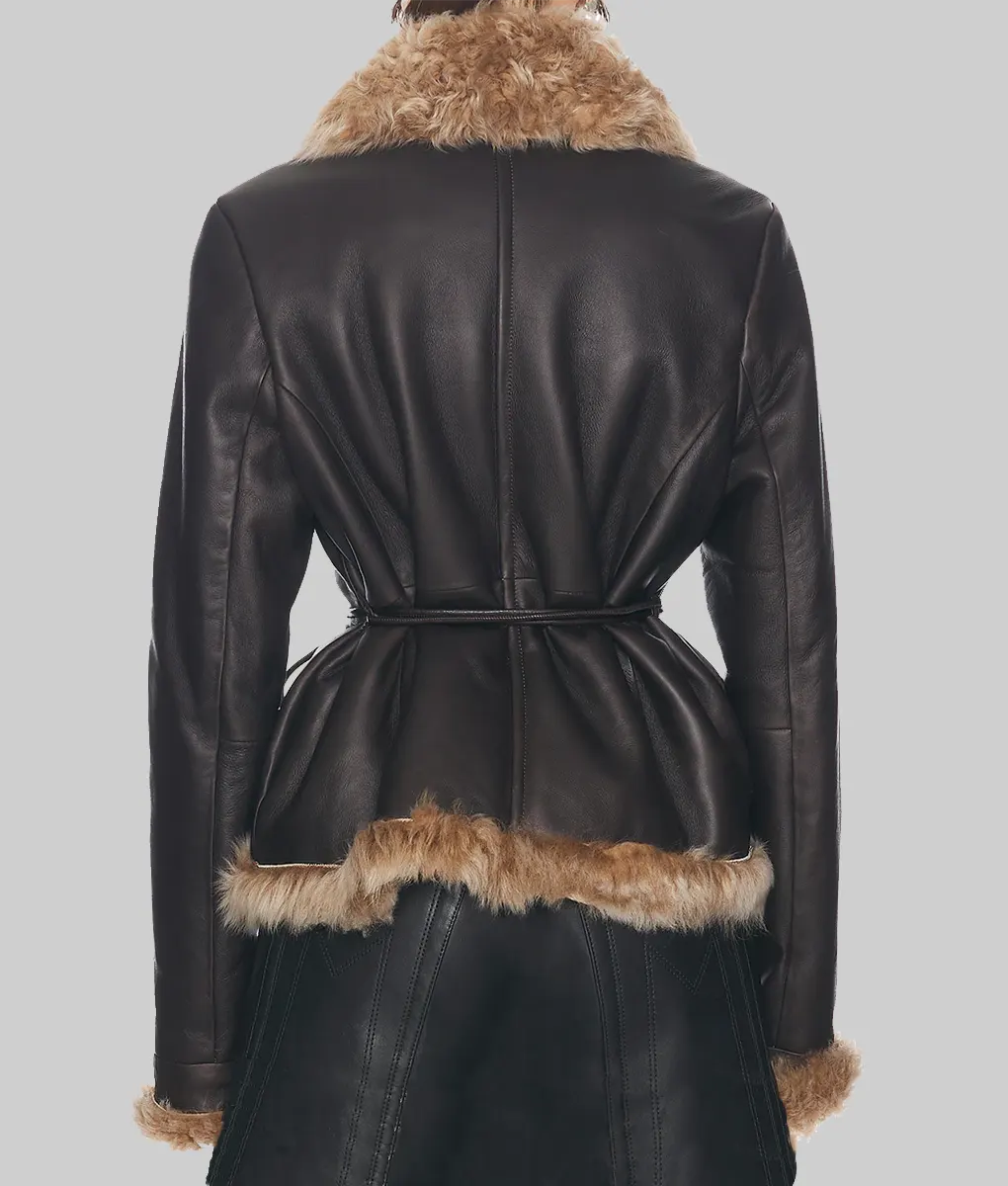 Sydney Sweeney Dark Brown Fur Jacket - Sydney Sweeney Dark Brown Leather Fur Jacket - Back View