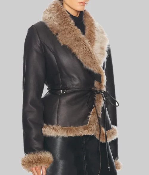 Sydney Sweeney Dark Brown Fur Jacket - Sydney Sweeney Dark Brown Leather Fur Jacket - Side View