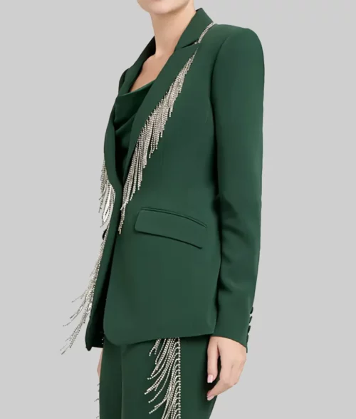 The Voice Reba McEntire Fringe Embellished Blazer - The Voice S26 Reba McEntire Fringe Embellished Green Blazer - Side View