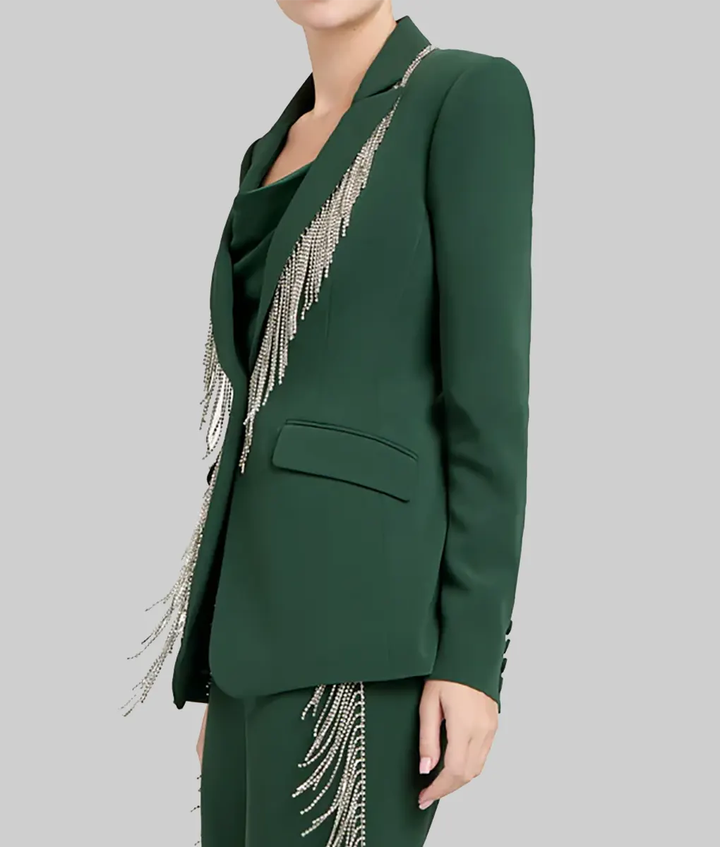 The Voice Reba McEntire Fringe Embellished Blazer - The Voice S26 Reba McEntire Fringe Embellished Green Blazer - Side View