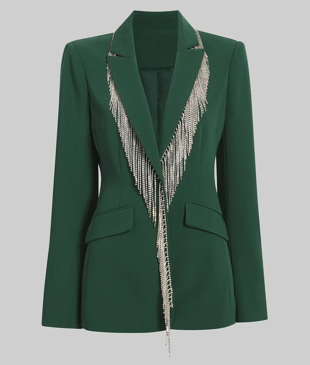 The Voice Reba McEntire Fringe Embellished Blazer - The Voice S26 Reba McEntire Fringe Embellished Green Blazer - Front View