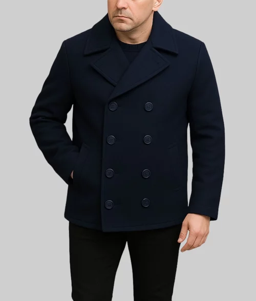 Tom Hardy Navy Blue Wool Pea Coat-FrontView