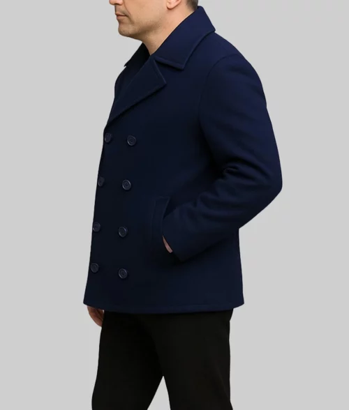 Tom Hardy Navy Blue Wool Pea Coat-SideView