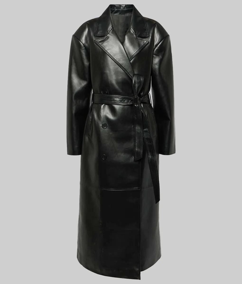 Anna Cathcart Black Leather Trench Coat - Anna Cathcart Black Leather Trench Coat - Front View