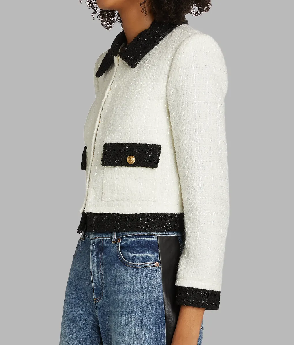 Ashley Roberts Off White Cropped Wool Jacket - Ashley Roberts Off White Cropped Wool Jacket - Left View