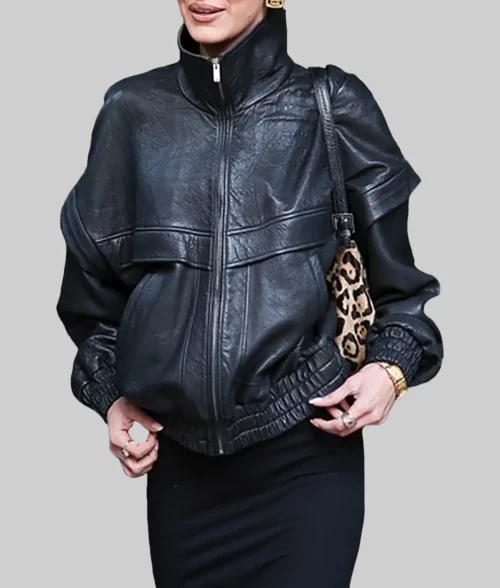 Bella Hadid Oversized Black Leather Jacket - Bella Hadid Oversized Black Leather Jacket - Celebrity View