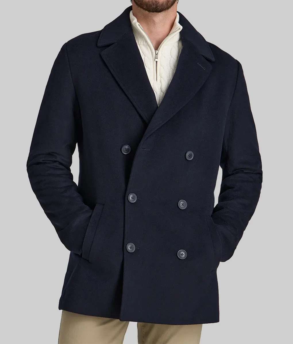 Bradley Cooper Wool Pea Coat - Bradley Cooper Navy Blue Wool Pea Coat - Front View