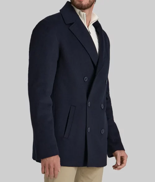 Bradley Cooper Wool Pea Coat - Bradley Cooper Navy Blue Wool Pea Coat - Side View