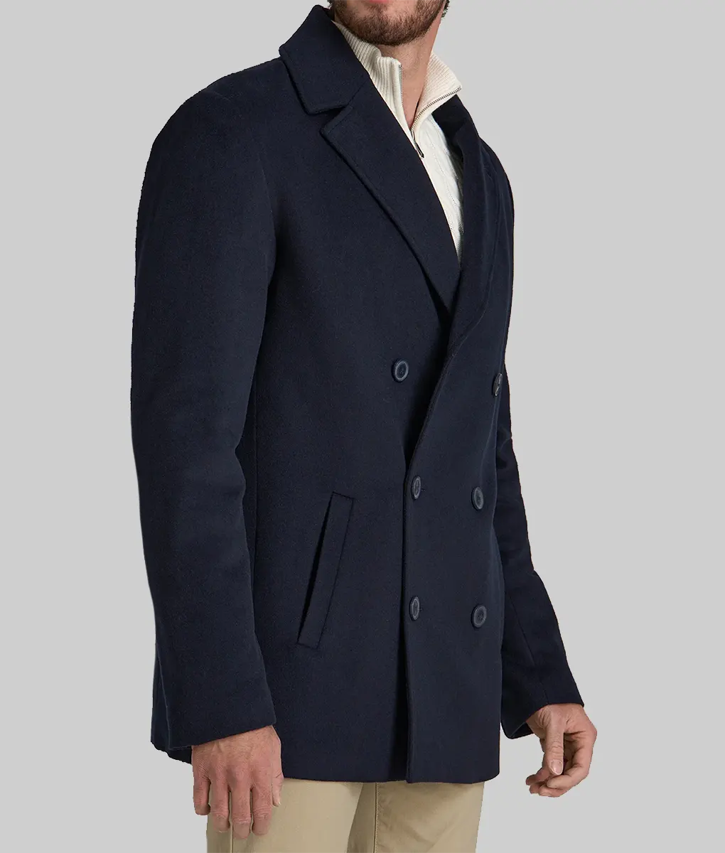Bradley Cooper Wool Pea Coat - Bradley Cooper Navy Blue Wool Pea Coat - Side View