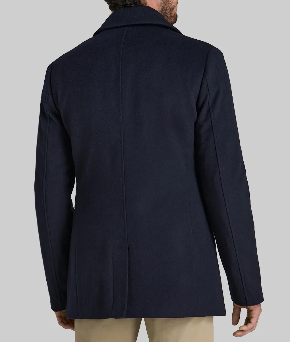 Bradley Cooper Wool Pea Coat - Bradley Cooper Navy Blue Wool Pea Coat - Back View