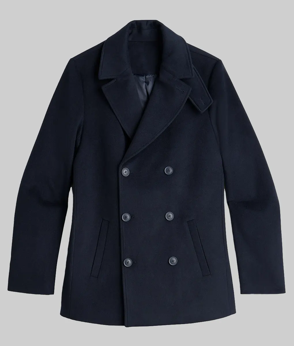 Bradley Cooper Wool Pea Coat - Bradley Cooper Navy Blue Wool Pea Coat - Front View