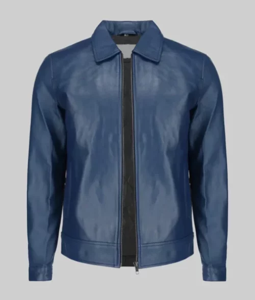 Bravo Men's Blue Harrington Leather Jacket Men's Classic Shirt Collar Blue Leather Jacket The Leather City