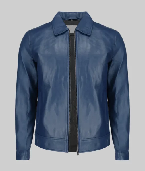 Bravo Men's Blue Harrington Leather Jacket Men's Classic Shirt Collar Blue Leather Jacket The Leather City