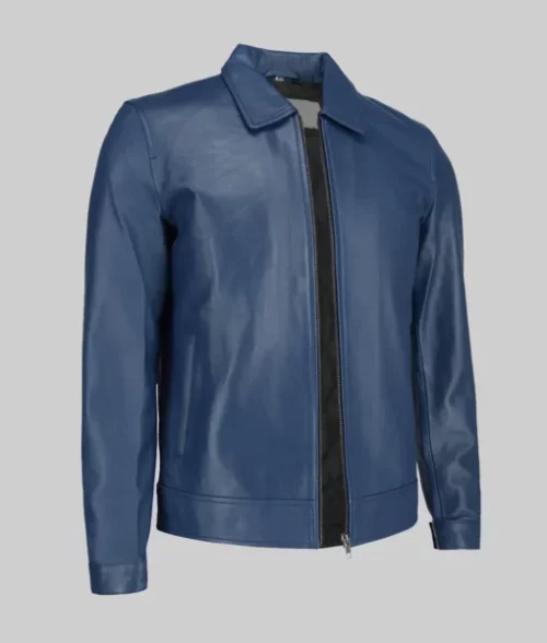 Bravo Men's Blue Harrington Leather Jacket Men's Classic Shirt Collar Blue Leather Jacket The Leather City