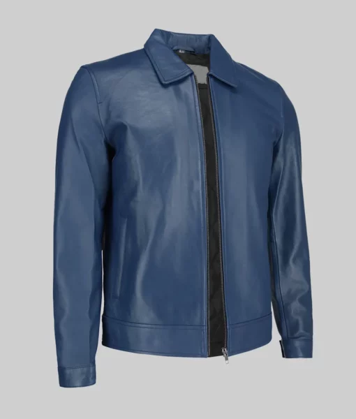 Bravo Men's Blue Harrington Leather Jacket Men's Classic Shirt Collar Blue Leather Jacket The Leather City