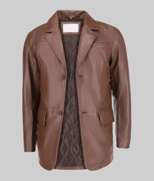 Carter Men’s Classic Brown Leather Car Coat Men's Brown Two Button Leather Coat