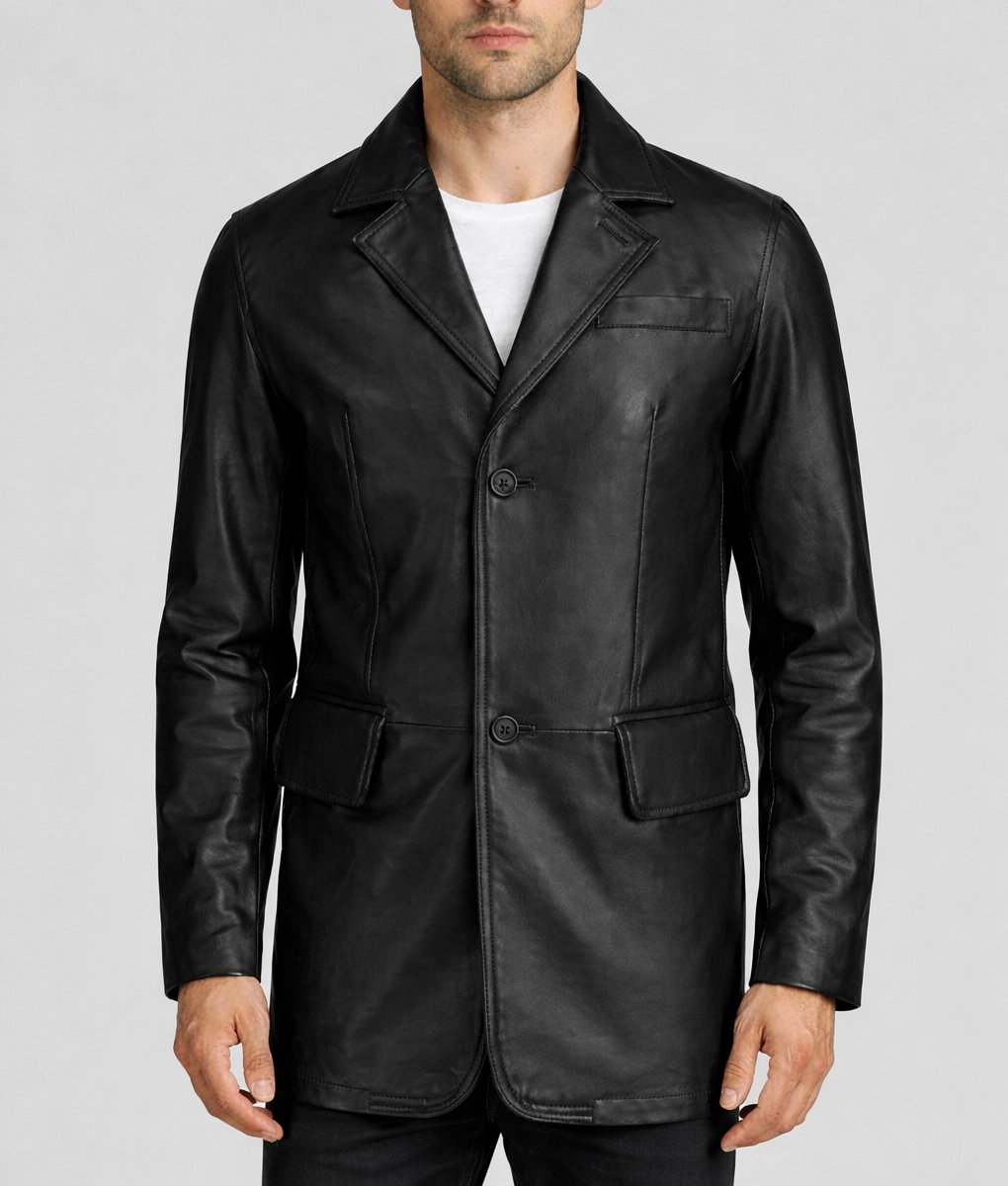 Carter Men's Smart Black Leather Car Coat | Two Button Leather