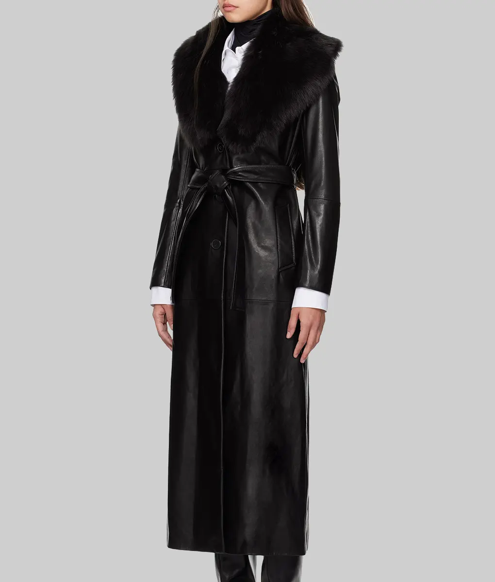 Charli D’amelo Black Leather Trench Coat - Charli D’amelo Tonight Show Black Leather Trench Coat - Left View