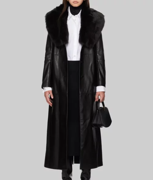 Charli D’amelo Black Leather Trench Coat - Charli D’amelo Tonight Show Black Leather Trench Coat - Front View