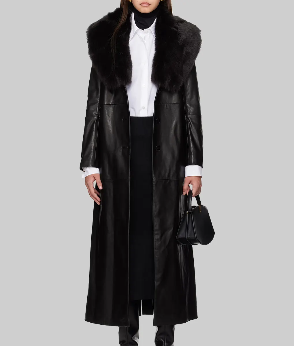 Charli D’amelo Black Leather Trench Coat - Charli D’amelo Tonight Show Black Leather Trench Coat - Front View