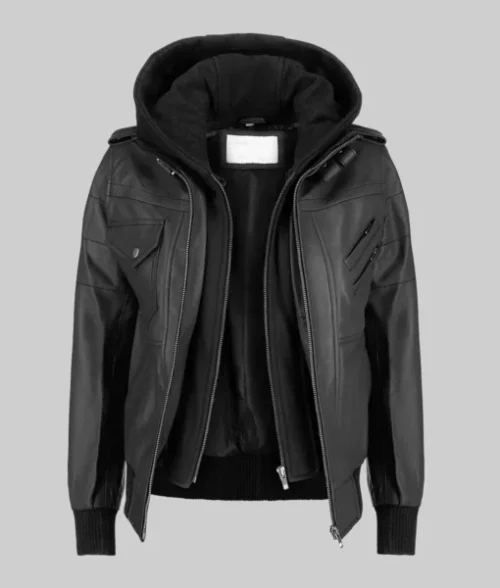 Christina Women’s Black Leather Bomber Jacket with Removable Hoodie 100% Genuine Leather Bomber Jacket The Leather City