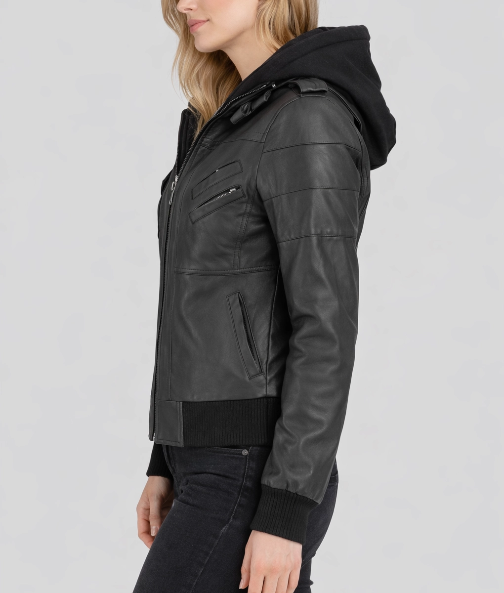 Cole Women’s Black Removable Hood Bomber Leather Jacket | Women’s Black Bomber Leather Jacket-2
