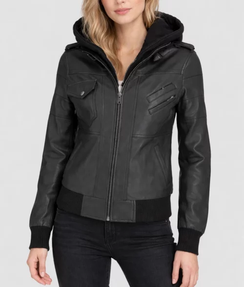 Cole Women’s Black Removable Hood Bomber Leather Jacket | Women’s Black Bomber Leather Jacket-3