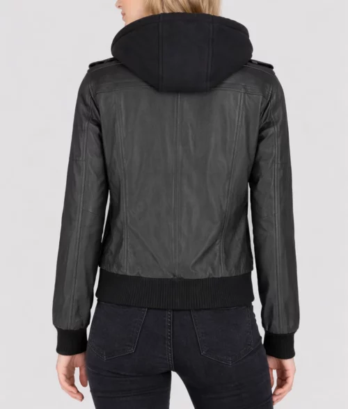Cole Women’s Black Removable Hood Bomber Leather Jacket | Women’s Black Bomber Leather Jacket-4