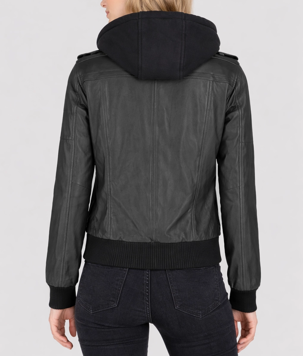 Cole Women’s Black Removable Hood Bomber Leather Jacket | Women’s Black Bomber Leather Jacket-4