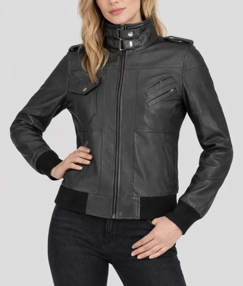 Cole Women’s Black Removable Hood Bomber Leather Jacket | Women’s Black Bomber Leather Jacket-5