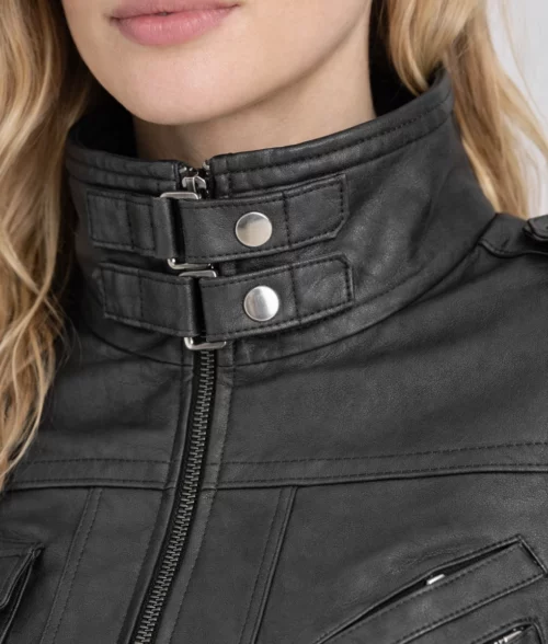 Cole Women’s Black Removable Hood Bomber Leather Jacket | Women’s Black Bomber Leather Jacket-6