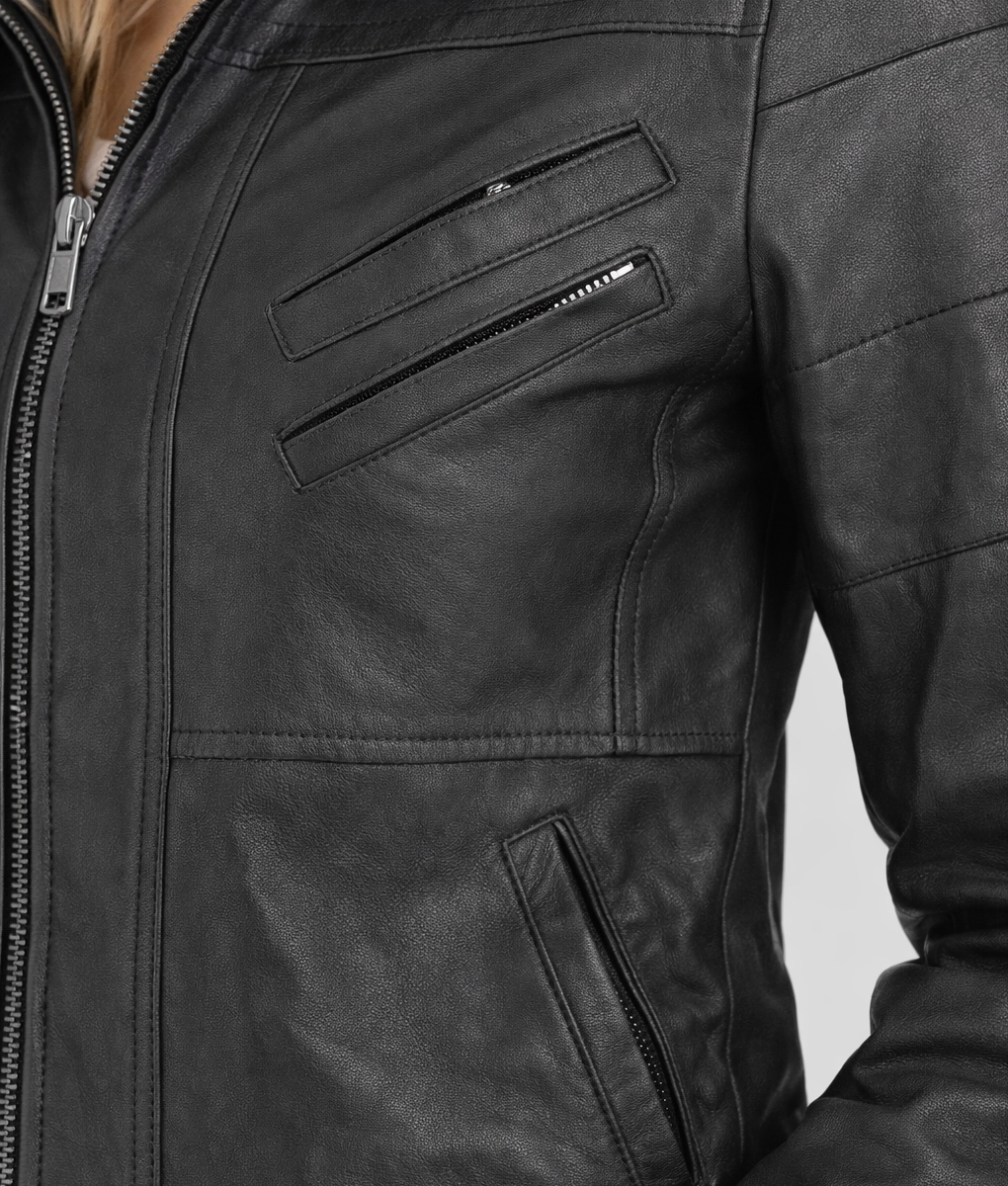 Cole Women’s Black Removable Hood Bomber Leather Jacket | Women’s Black Bomber Leather Jacket-1