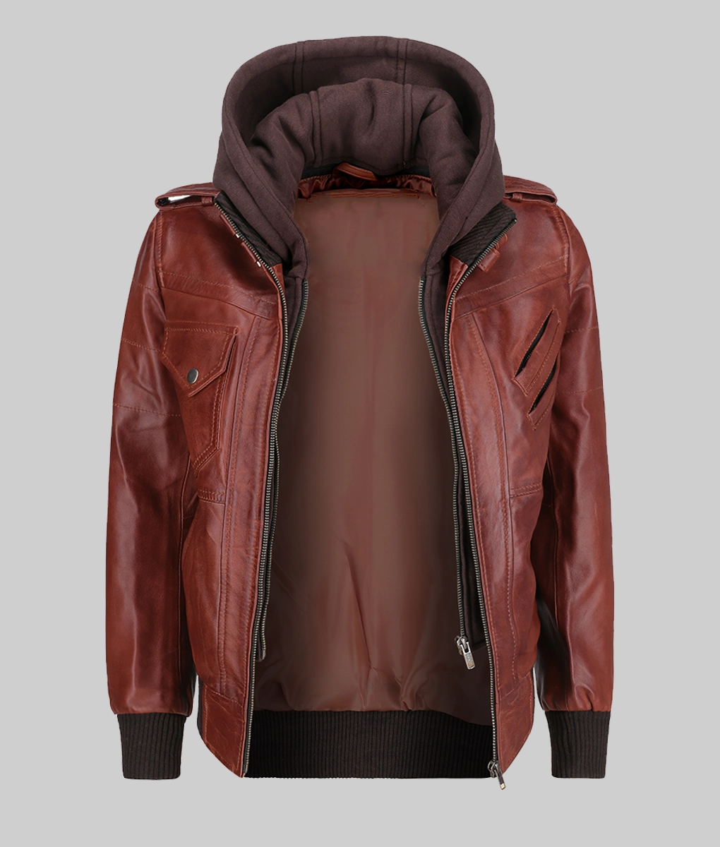 Cole Women’s Brown Removable Hood Bomber Leather Jacket