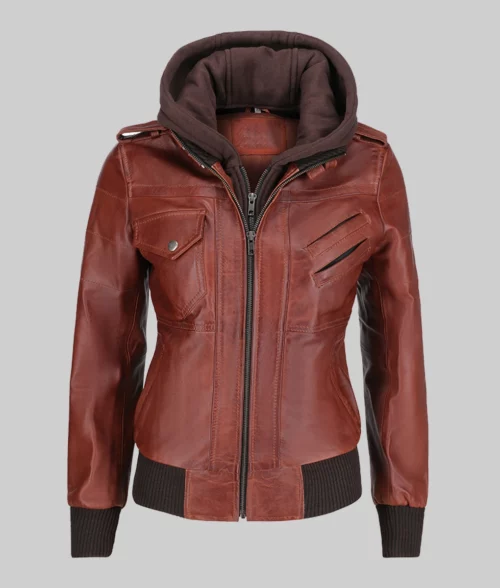Cole Women’s Brown Removable Hood Bomber Leather Jacket