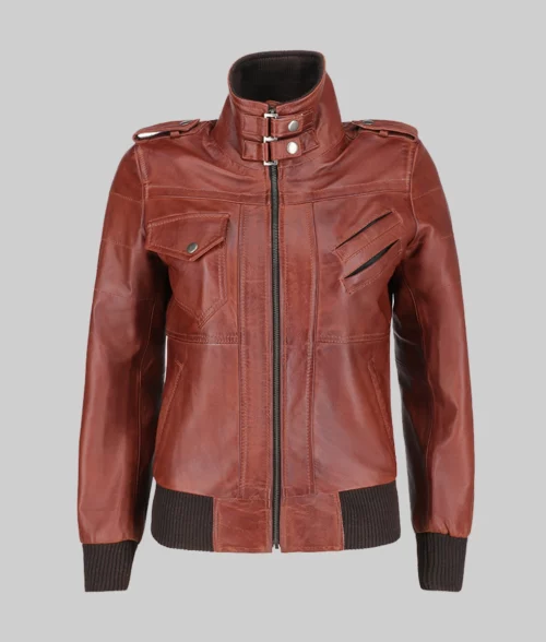 Cole Women’s Brown Removable Hood Bomber Leather Jacket