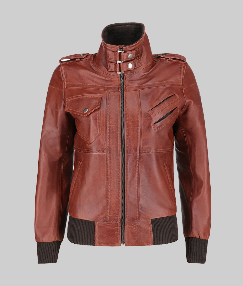 Cole Women’s Brown Removable Hood Bomber Leather Jacket