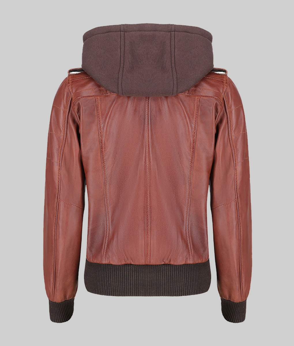 Cole Women’s Brown Removable Hood Bomber Leather Jacket