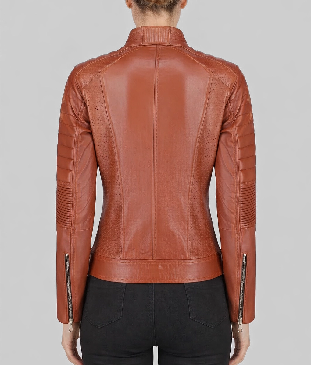 Daisy Women’s Classic Brown Cafe Racer Moto Leather Jacket - Back View