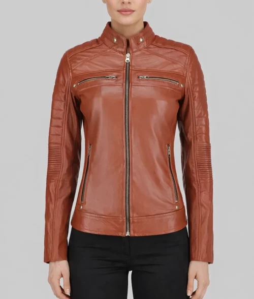Daisy Women’s Classic Brown Cafe Racer Moto Leather Jacket - Front View