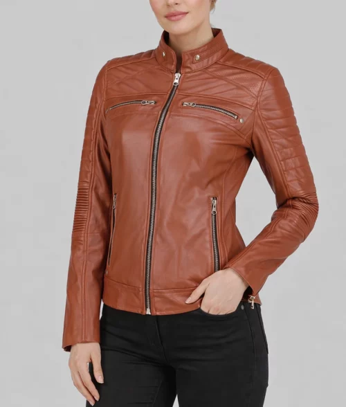 Daisy Women’s Classic Brown Cafe Racer Moto Leather Jacket - Side View