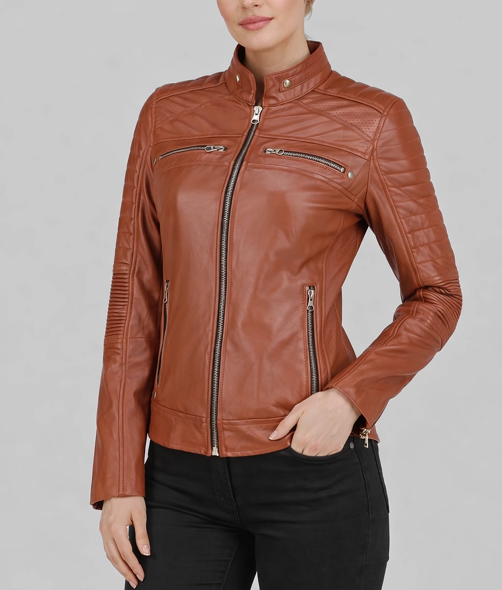 Daisy Women’s Classic Brown Cafe Racer Moto Leather Jacket - Side View