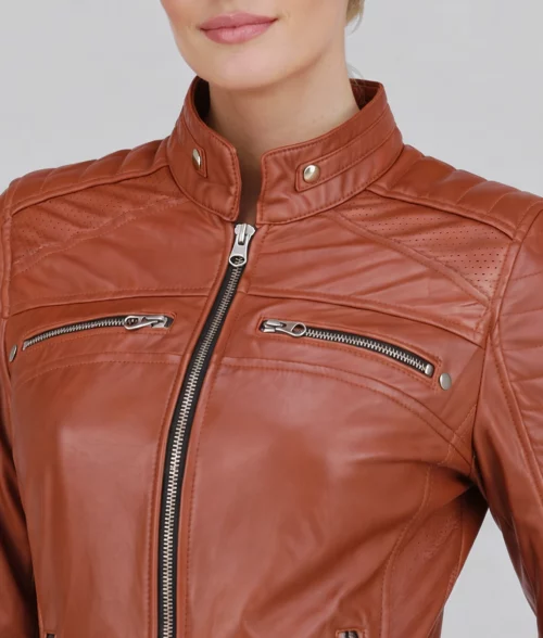 Daisy Women’s Classic Brown Cafe Racer Moto Leather Jacket - Zoom View
