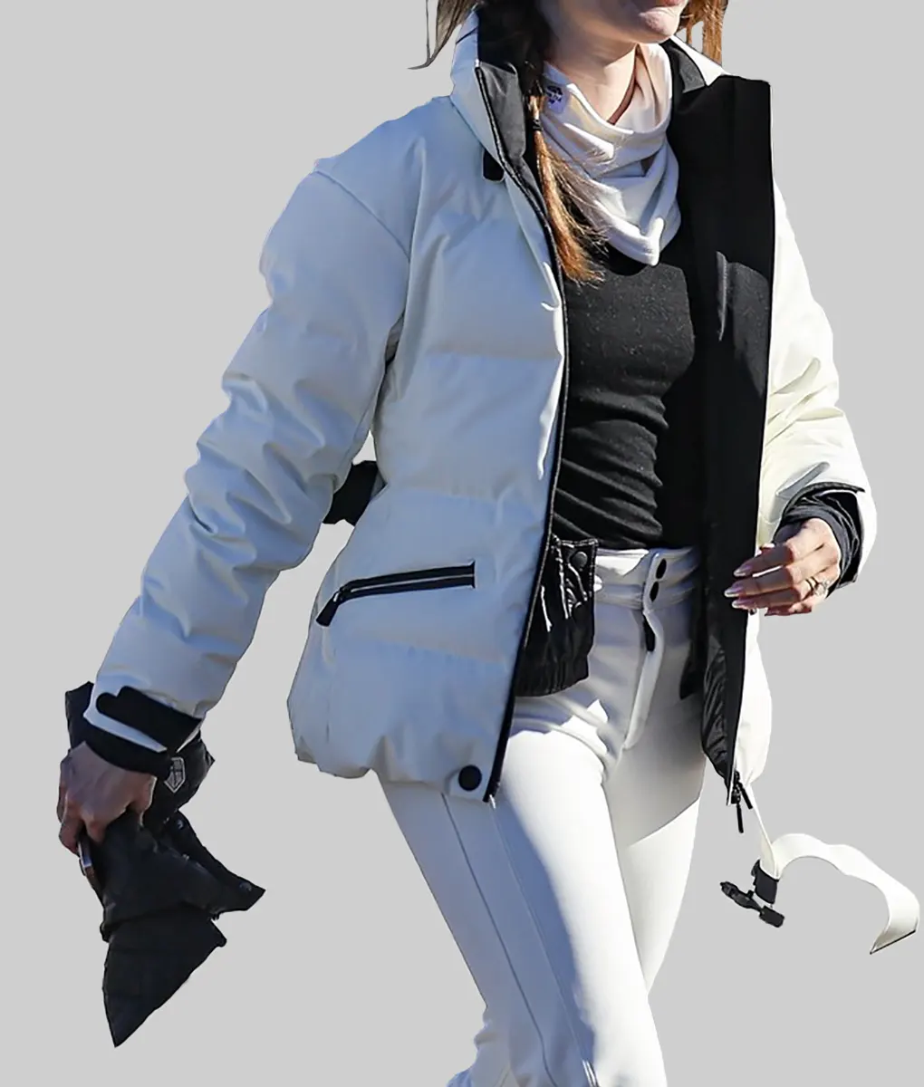 Hailey Bieber White Ski Jacket - Hailey Bieber White Hooded Ski Jacket - Celebrity View