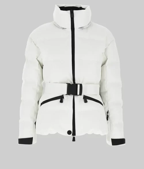 Hailey Bieber White Ski Jacket - Hailey Bieber White Hooded Ski Jacket - Front View