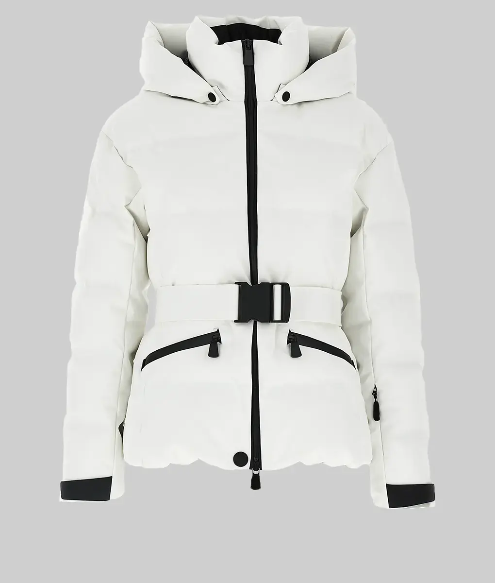 Hailey Bieber White Ski Jacket - Hailey Bieber White Hooded Ski Jacket - Front View